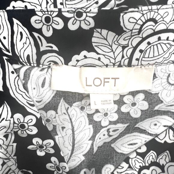 LOFT Top Women's L Black White Paisley 3/4 Sleeve V-Neck Boho Artsy Casual Chic - Picture 4 of 8